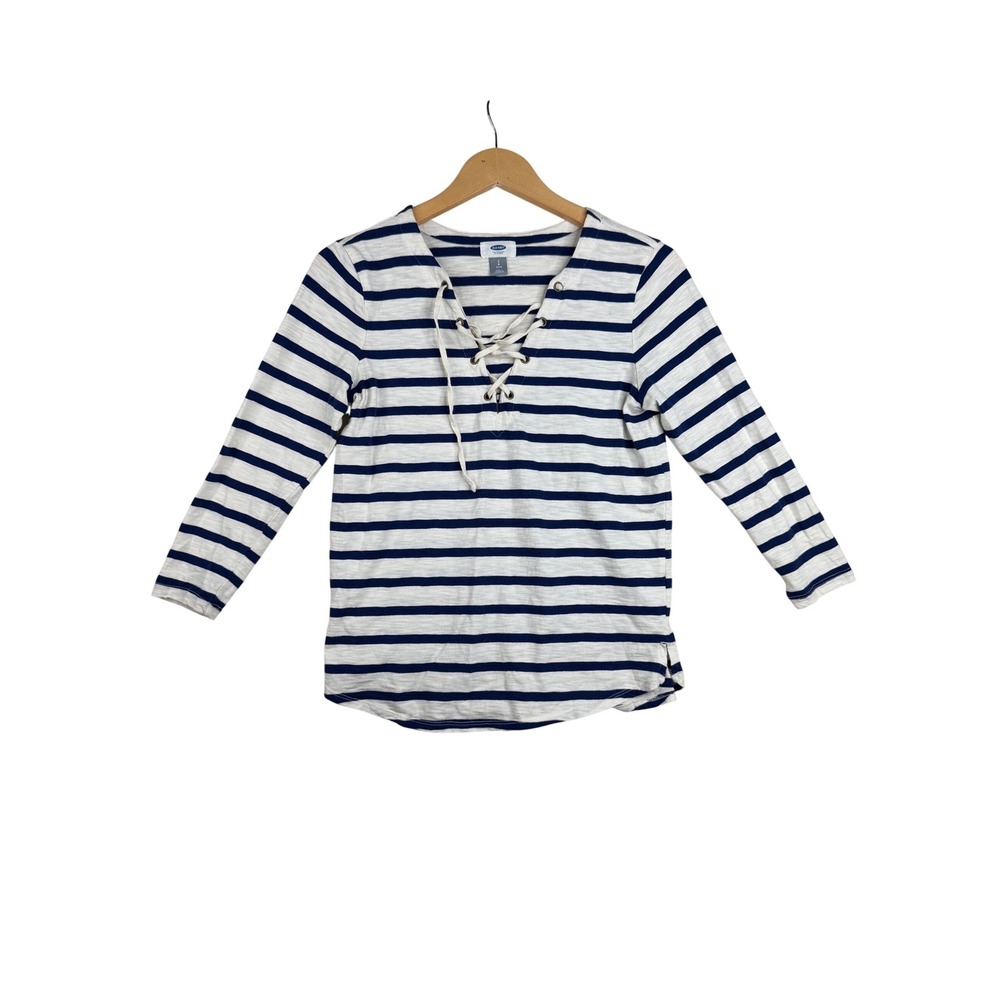 Old Navy Striped Drawstring Neck Detail Long Sleeve Shirt size Small Petite Blue
